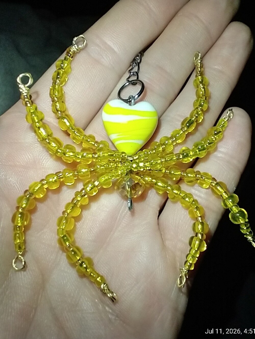 Hand Crafted • Yellow Heart Beaded Spider Pendant
